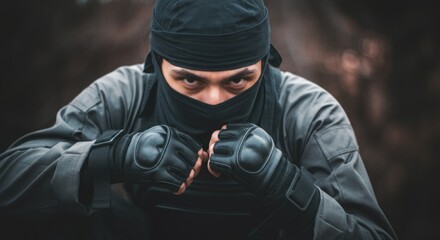 Intense asian male ninja in stealth stance wearing black mask and gloves