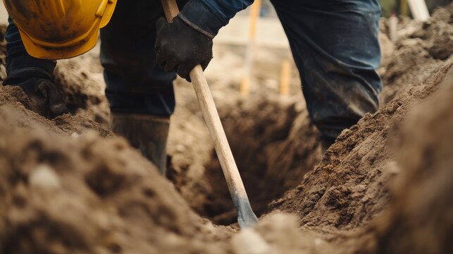 A construction site laborer digging a trench for plumbing installation. Featuring determination and focus
