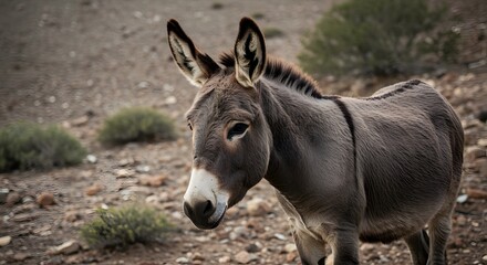 Donkey Grazing in Arid Desert Terrain Among Wild Vegetation