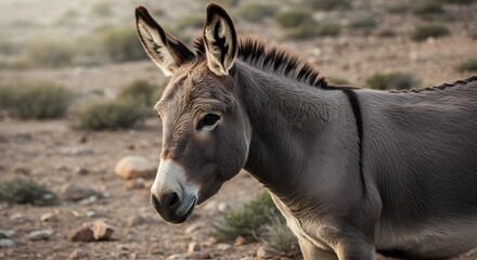 Donkey Grazing in Arid Desert Terrain Among Wild Vegetation