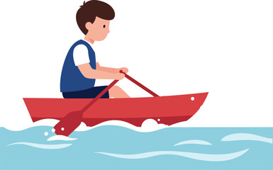 A young boy rowing a small red boat across calm blue water in flat vector art