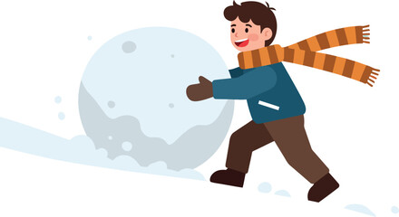 A cheerful boy rolling a large snowball in a winter landscape, flat vector illustration