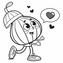 Cute Cartoon Onion Character Running Heart Black and White Line Art Illustration Vector