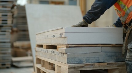 A construction site laborer stacking pallets of drywall. Featuring teamwork and organization