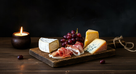 Cheese and charcuterie board with grapes and candlelit ambiance