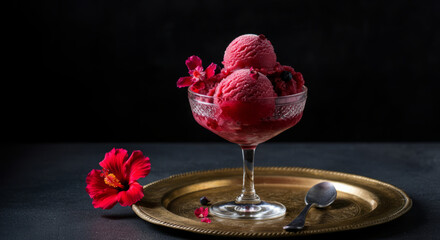 Refreshing raspberry sorbet in elegant glass bowl with hibiscus garnish on brass tray
