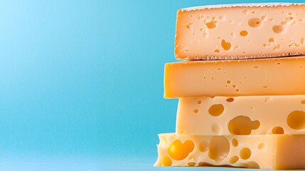 Stacked cheese variety against blue background
