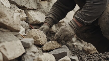 Fototapeta premium A construction site mason building a stone wall with precision. Featuring expertise and craftsmanship