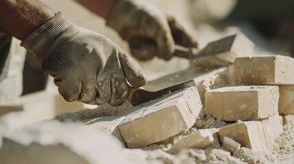 A construction site mason cutting bricks to fit for a building foundation. Featuring craftsmanship and technique