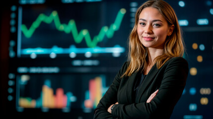 Confident woman in business attire against a backdrop of financial data visualizations, symbolizing competence and market savvy.