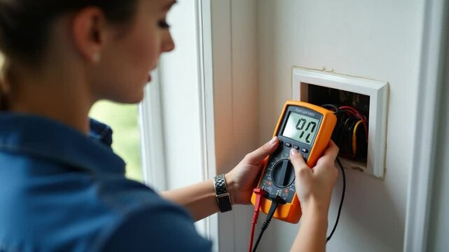 Female Electrician Testing Electrical Outlet with Multimeter