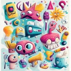 Naklejka premium A whimsically artistic composition featuring an array of quirky, cartoon-like creatures and objects set against a soft, textured background.
