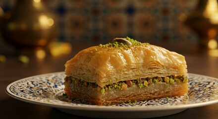 Golden baklava pastry with pistachio filling on a decorative plate