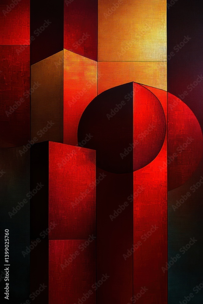 Poster abstract red cube display pedestal for interior design with chiaroscuro lighting and minimalist comp