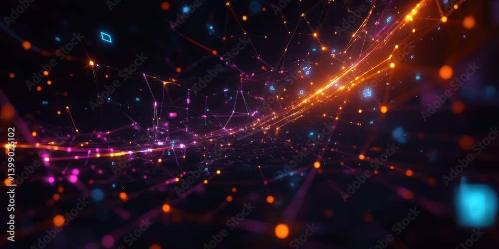 Poster neon geometric network abstract background with luminous lines and dots