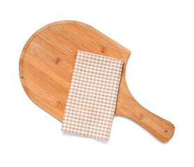 Wooden cutting board and beige checkered napkin on white background