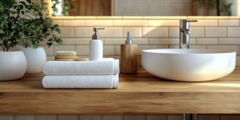 Fototapeta premium Minimalist Bathroom Interior with Wooden Countertop and Natural Lighting for Cosmetic Products Display