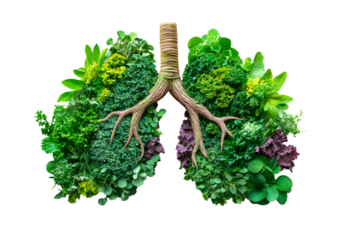 Human lungs made with fresh green plant leaves and herbs isolated on transparent background