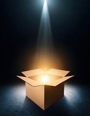 Mysterious glowing cardboard box under spotlight in dark room