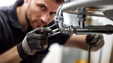 A construction site plumber repairing a leaky pipe under a sink. Featuring problem-solving and expertise