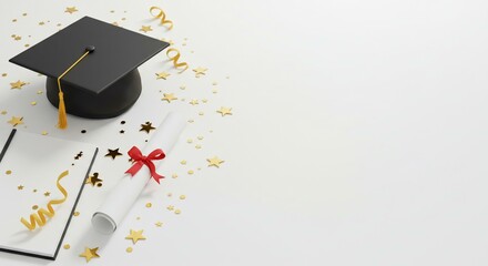 Graduation celebration with cap, diploma, confetti, and blank notepad.