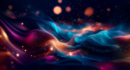 Obraz premium Abstract digital art depicting vibrant, flowing nebula-like forms. Shimmering particles and warm, cool color contrasts create a dreamy, cosmic scene.