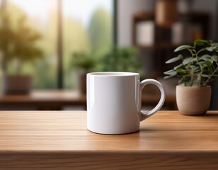 White ceramic mug on wooden table in bright, modern interior with green plants