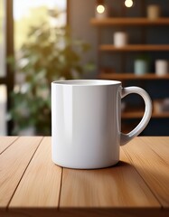 Simple white coffee mug on wooden table with blurred background in cozy cafe setting,mockup