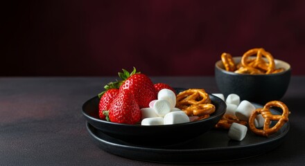 Strawberries, marshmallows, and pretzels on black plates against dark background