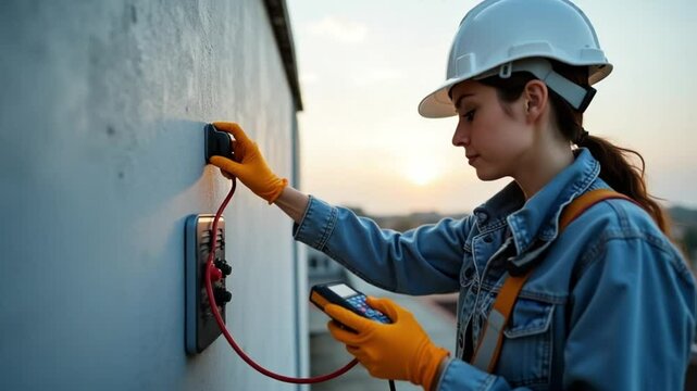 Female Electrician Testing Electrical Outlet on Building Exterior at Sunset
