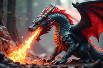 Fototapeta premium Dragon Breath, Knight Shielding, dragon, fire