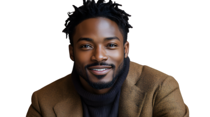 A smiling individual in a stylish brown coat exuding confidence and warmth against a black bac