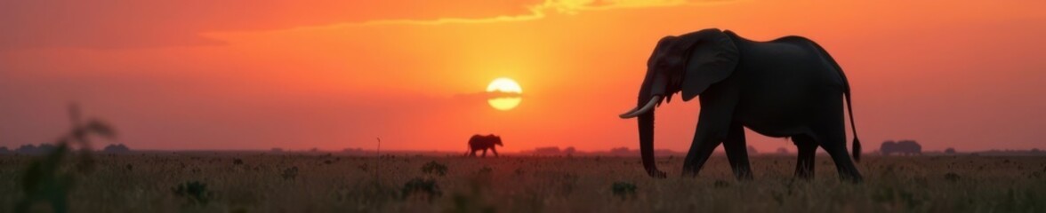 Naklejka premium Elephant silhouette against misty savannah backdrop at dawn, elephant, landscape