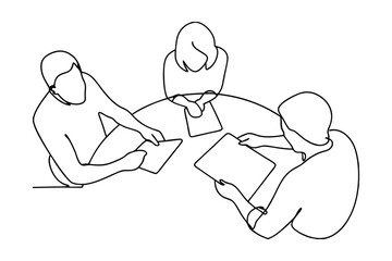One Line Drawing Of Three People At A Table Using Tablets Or Documents For Meeting Discussion And Brainstorming In Business Or Education