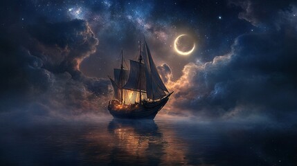 Fototapeta premium Sailing ship on calm water under a crescent moon with cloudy night sky.