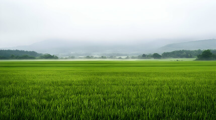 Fototapeta premium Wide Shot Green Field With Foggy Mountains