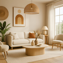 Scandinavian Living Room with Modern Minimalist Furniture and Natural Light — 3D Render