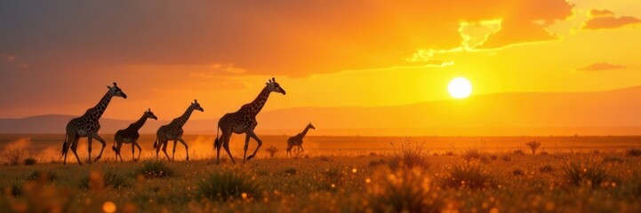 Giraffe herd moves in warm golden light of setting sun on open plains, sunset, natural scenery