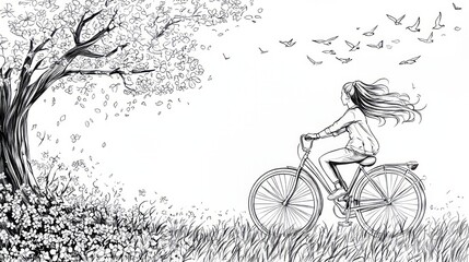 Obraz premium Girl Riding Bicycle Through Scenic Nature Landscape with Birds