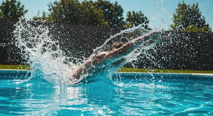 Person Diving Into Turquoise Pool Creating a Splash of Water Droplets Under Sunny Sky