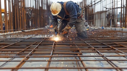 A construction site worker welding metal supports for a building frame. Featuring skill and safety