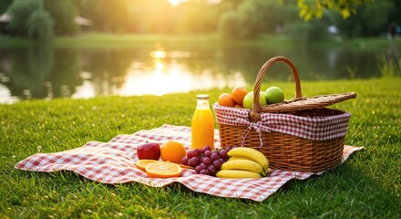 Picnic Basket with Fruits and Juice on a Checkered Blanket at Lakeside during Sunny Day