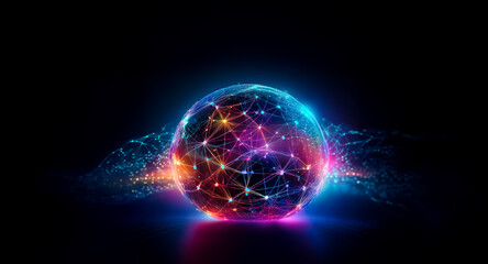 Obraz premium A vibrant, glowing sphere of interconnected nodes floats in the dark, radiating energy and hinting at global connectivity and complex networks. Waves of light emanate from its surface.