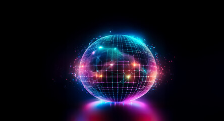 Obraz premium A vibrant, glowing sphere pulsates with colorful energy, representing global connectivity and digital technology. Lines of light form a grid across its surface, suggesting a network.
