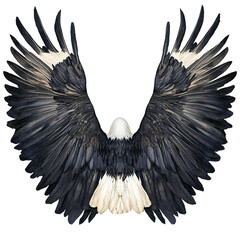 The rear view shows the eagle displaying its extended wings with detailed feather patterns.