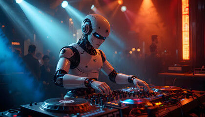 Fototapeta premium AI Robot DJ Mixing Music in Futuristic Nightclub