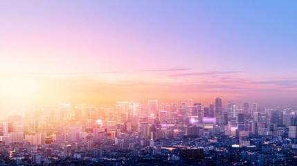 Fototapeta premium Vibrant Sunset Cityscape Skyline With Illuminated Buildings