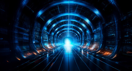 Fototapeta premium A futuristic, glowing blue tunnel stretches into the distance, lined with sleek metallic rings and subtle orange accents. The perspective creates a sense of depth and mystery.