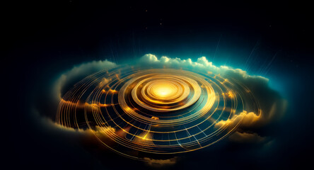 A luminous, golden core encircled by concentric rings, nestled within swirling nebulae.  The ethereal scene evokes a sense of cosmic mystery and wonder.