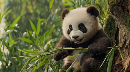 Fototapeta premium Adorable baby panda in lush jungle